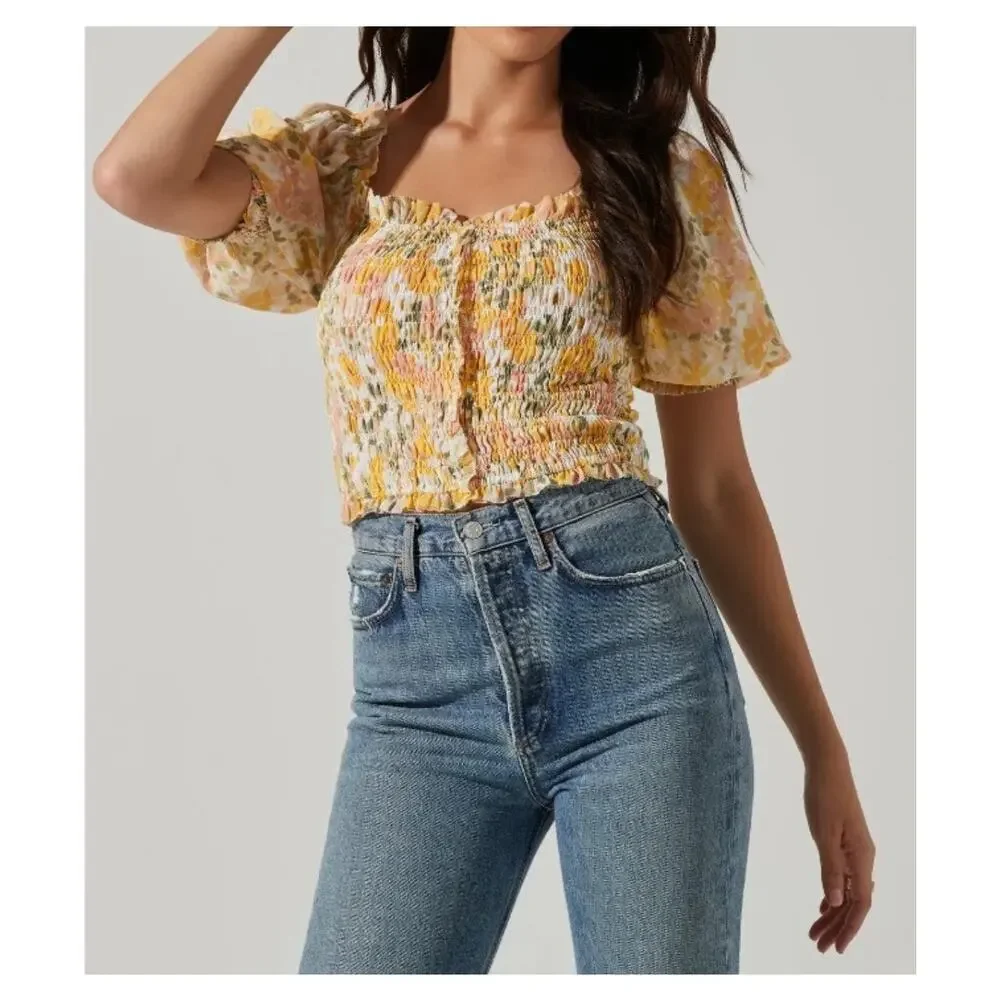 Astr Pastel Floral Smocked Square-Neck Blouse in Yellow and Pink